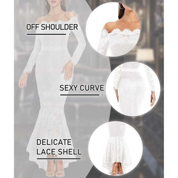 Women's White Floral Lace Long Sleeve Off Shoulder Wedding Mermaid Dress - Picture 5 of 6